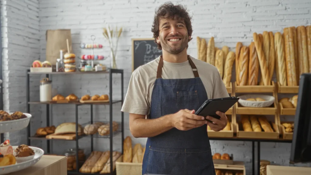 Young man smiling in a bakery shop with bread in the background while holding a tablet and wearing an apron